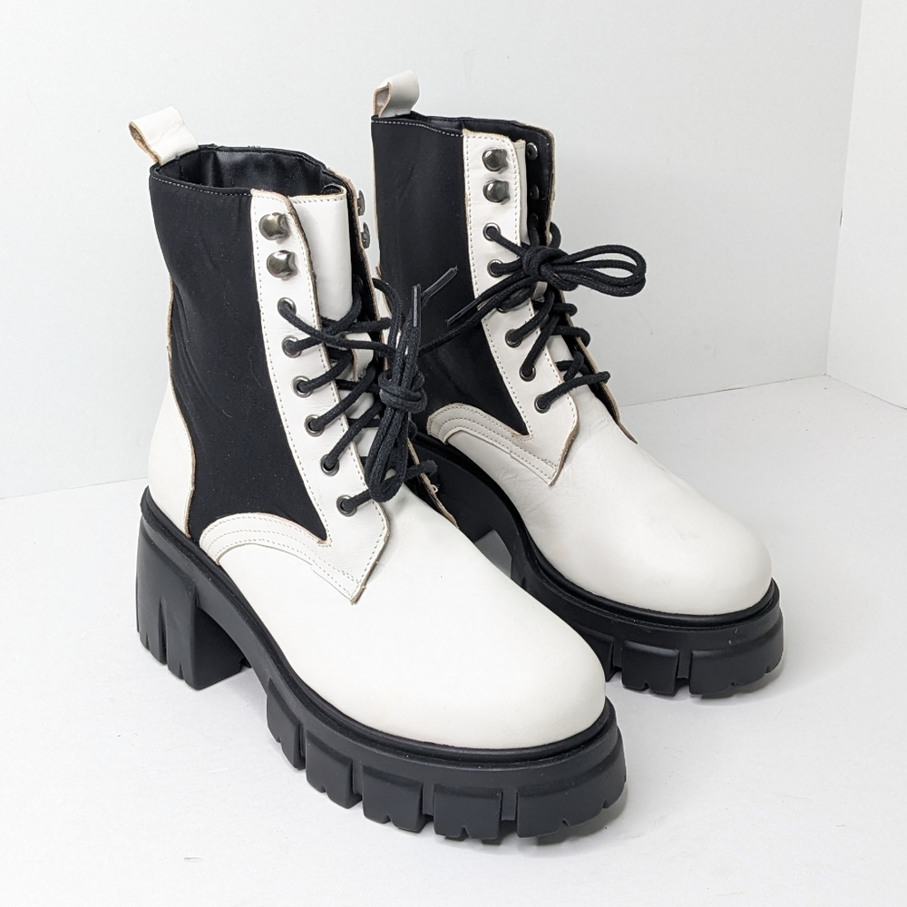 Secret Celebrity Chunky Lace-up Boots, White/Black, Women's 8